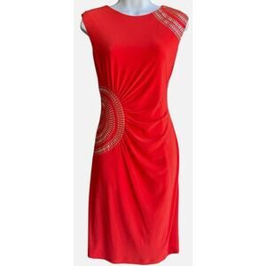 Joseph Ribkoff ruched bodice sheath dress red gold decorative detail Size 14